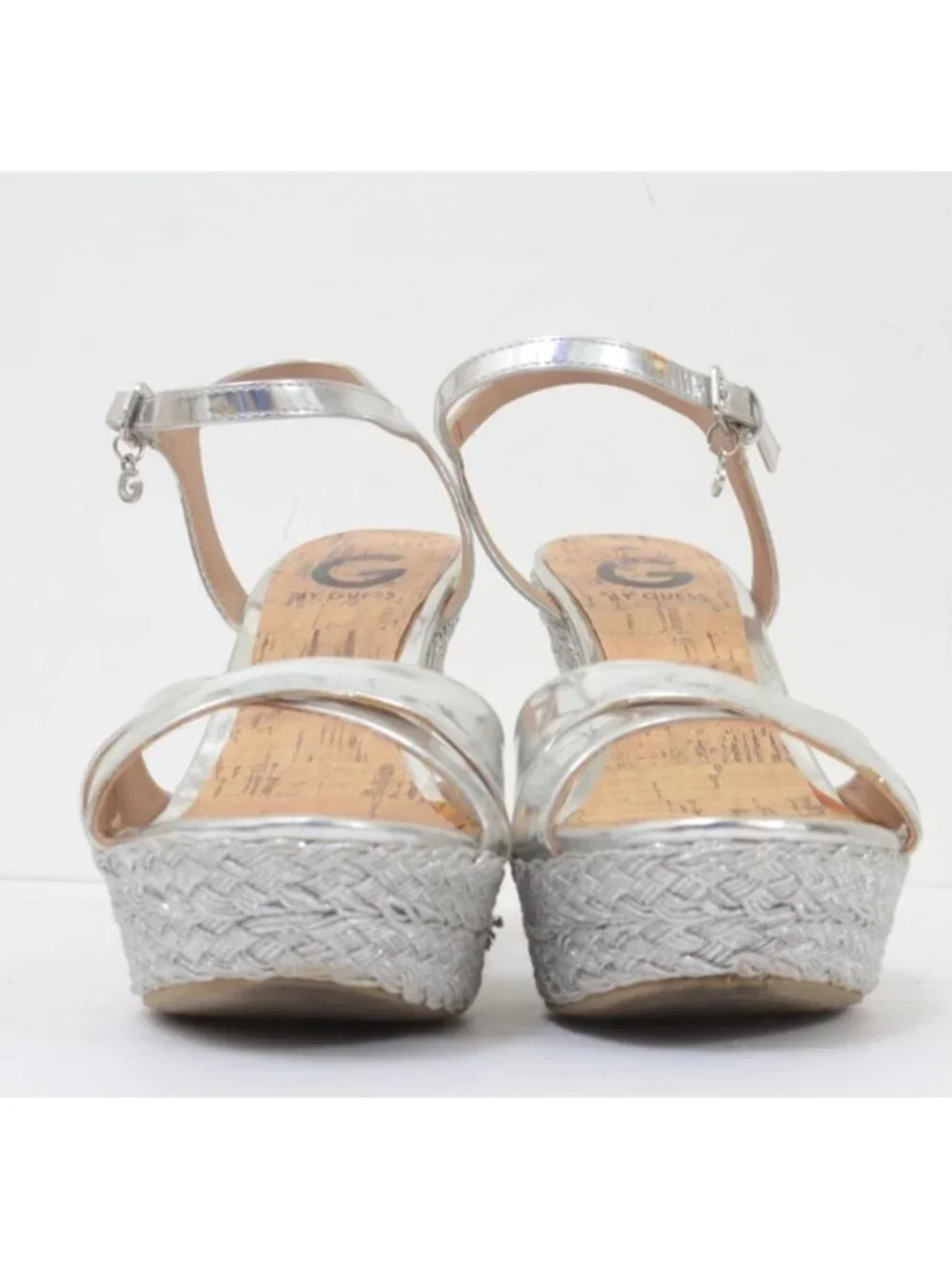 G By Guess Debbra2 Women's 8 Metallic Shiny Silver Platform Wedge Sandal Heels